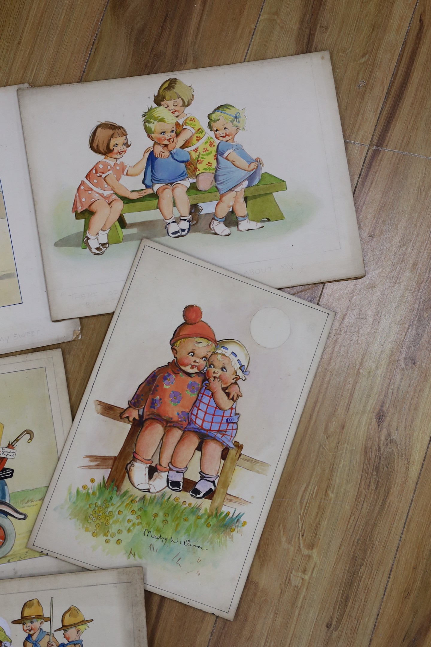 Madge Richardson, (20th century British), six watercolours on card, humorous scenes, unframed, largest 28 x 44cm